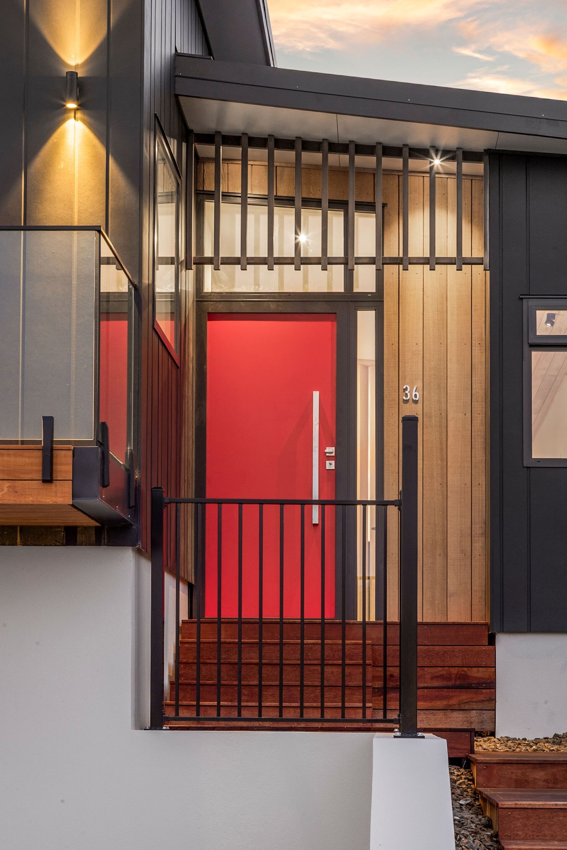 Our showhome, 36 Atkins Rd, front door at twilight