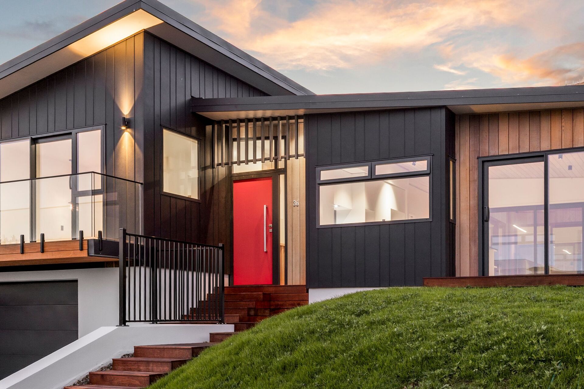 Our showhome, 36 Atkins Rd, Front facade at twilight